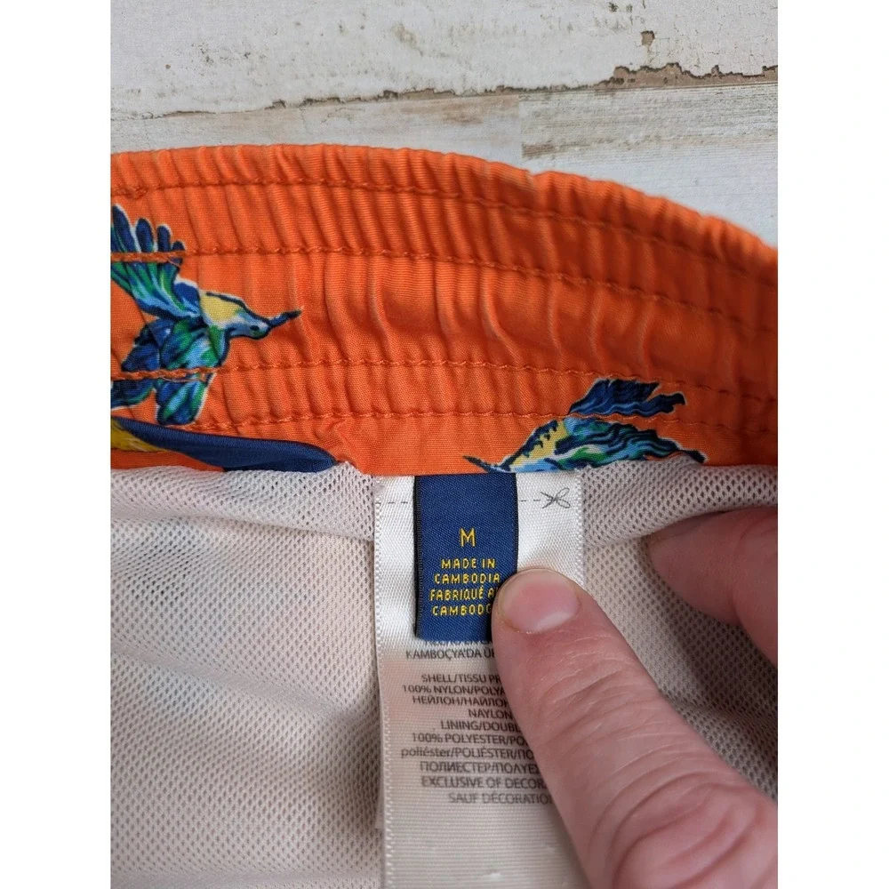 Polo Ralph Lauren Swim Trunks Mens M Hummingbird Print Orange Drawstring Beach